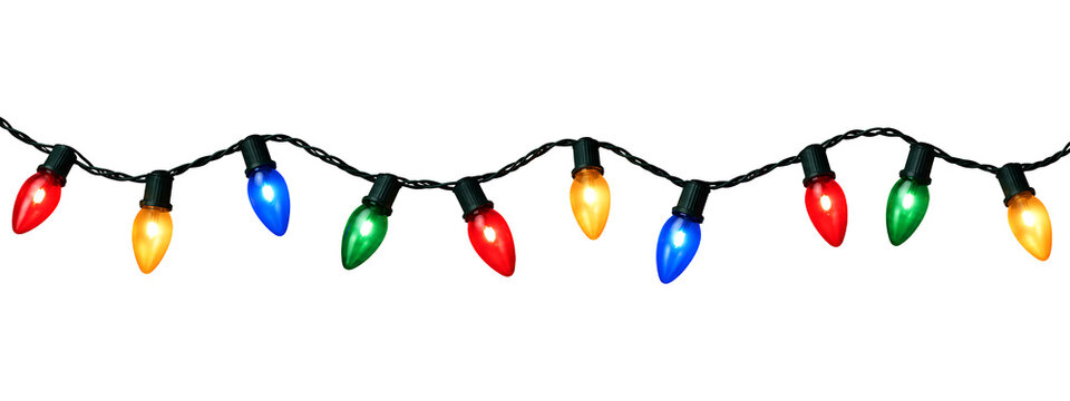 Colorful Christmas String Lights with Multicolor Glowing Bulbs isolated transparent background