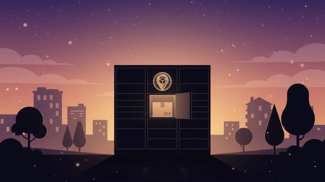 A glowing smart parcel locker station stands illuminated at dusk against a city skyline, representing modern package delivery technology.