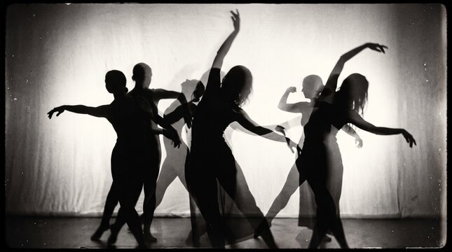 silhouettes of dancing people, Retro Noisy Grain Dust Texture For Film Or Photo Overlay, Black Grainy Background 