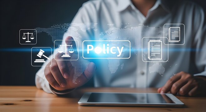 Digital Policy Management with professional hand touching glowing interface and legal icons over world map, ideal for corporate compliance and global governance.