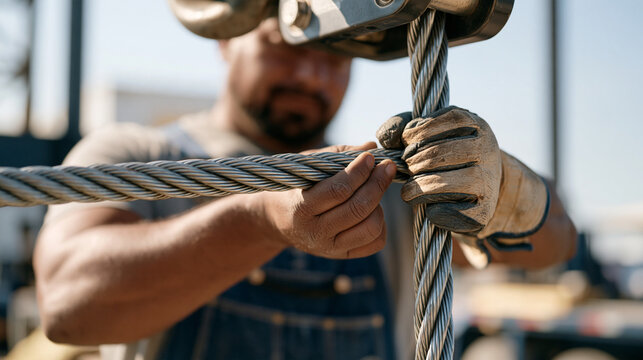 Close up of calloused hands threading galvanized steel aircraft cable through a rigging block overhead, industrial work gloves folded back at the wrist as a stage rigger