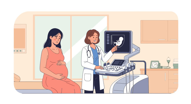 Pregnant woman at ultrasound appointment with doctor