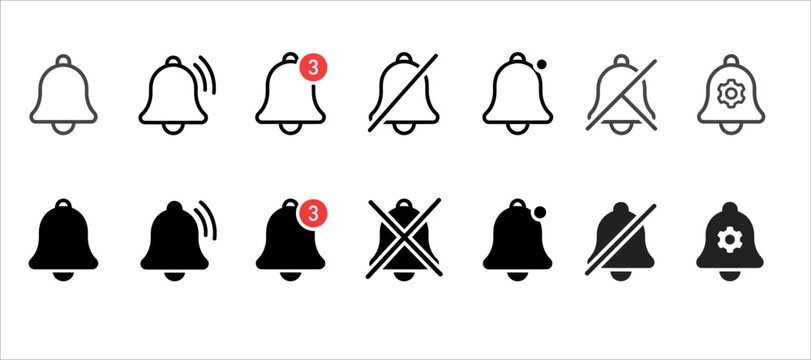 Set of notification bell icons in outline and solid styles for user interface design
