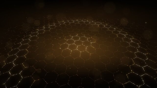 Abstract golden hexagonal grid forming a sphere with glowing particles and bokeh effects in a dark environment
