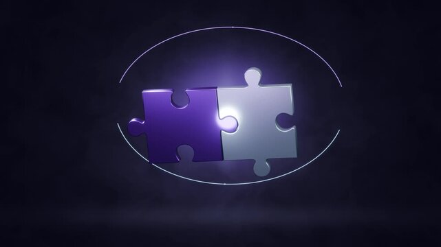 Purple silver puzzle pieces connection abstract business solution teamwork concept move together over a dark smoky background representing cooperation problem solving partnership and collaboration
