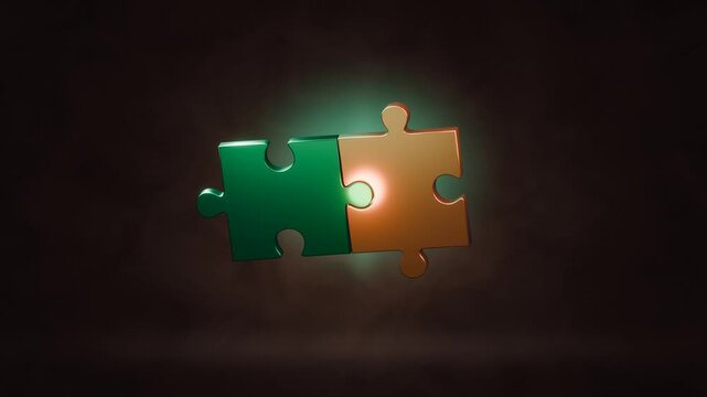 Green copper puzzle pieces connection abstract business solution teamwork concept move together over a dark smoky background representing cooperation problem solving partnership and collaboration