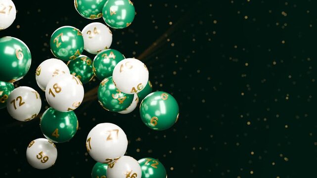 Emerald white lottery balls numbers gambling jackpot background copy space float along left edge leaving dark room on right for number draw promotions raffle advertising and entertainment campaigns