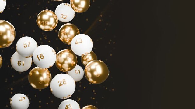 Gold ivory lottery balls numbers gambling jackpot background copy space float along left edge leaving dark room on right for number draw promotions raffle advertising and entertainment campaigns
