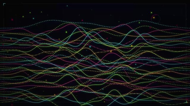 Abstract digital data wave background with colorful glowing lines and small particles on a dark black surface