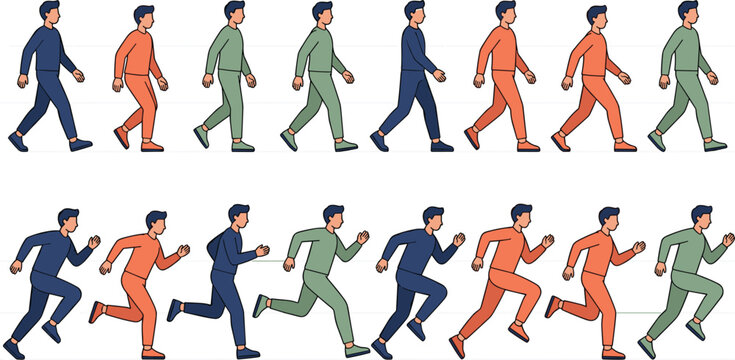 Man Walking and Running Animation Sprite Sheet with Sequence Frame Poses for Character Design and Motion Graphics Vector Illustration