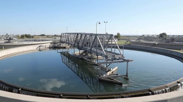 Massive circular water treatment clarifier tanks with calm reflective water and metal sweeping arms seen from elevated perspective, sunny.