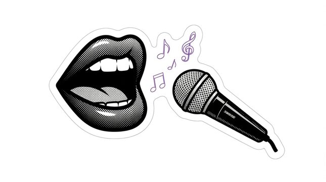 Pop art style vector sticker featuring open lips singing into a retro microphone with musical notes on isolated background