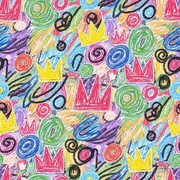 Whimsical childlike crayon art pattern with crowns and scribbles
