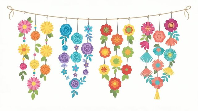 Flower garlands hang from a decorative rope to display a collection of colorful botanical arrangements that create a cheerful and festive atmosphere for seasonal cultural celebrations and events.