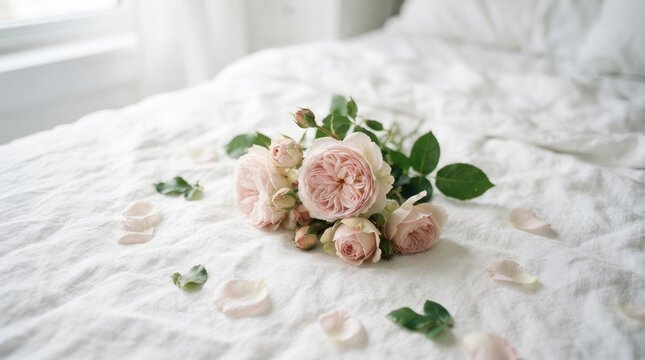 Beautiful soft pink roses resting peacefully upon a cozy white bed linen sheet inside a bright bedroom setting