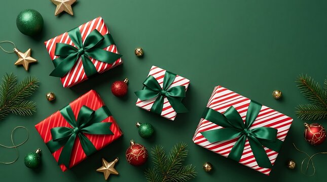 Christmas gift boxes and decorations on green background
