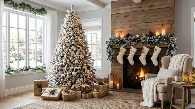 Christmas tree with gifts and fireplace in living room