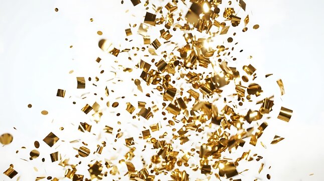 Falling gold confetti on white background