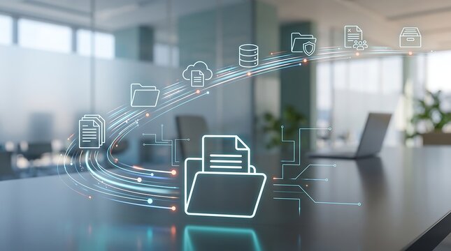 Digital document management system with glowing data icons and workflow visualization overlaying a modern office conference room table for business technology and information connectivity concepts