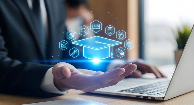 Innovative E-Learning Concept businessman hand holding glowing digital graduation cap and educational icons over laptop ideal for online education platforms and corporate training presentations.