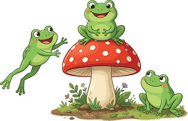 Fototapeta premium Cute Cartoon Green Frogs Playing Around a Red Spotted Mushroom Toadstool in the Forest Graphic Illustration Vector Asset for Children Books