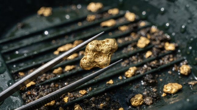 Shiny precious metal gold nugget held tightly by stainless steel tweezers above black panning tray with water drops