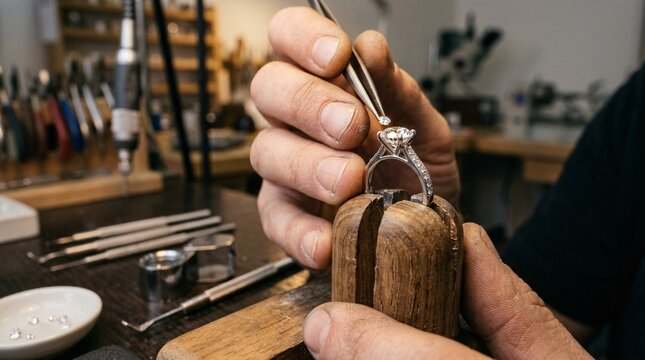 Master jeweler sets gemstones into bespoke diamond engagement ring with precision tools under warm studio lights, luxury craftsmanship.