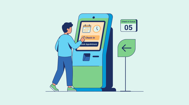 Man using check-in kiosk with queue number and arrow sign, isolated