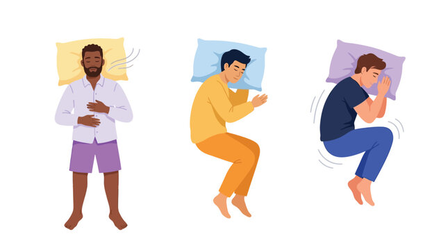 Multiple diverse men sleeping in different comfortable positions with colorful pillows in flat vector illustration