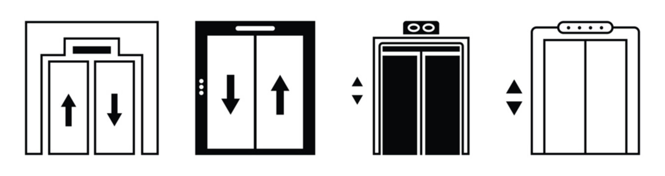 Set of 4 elevator icon in various design. Elevator transport movement up down cabin door. Elevator icon set with line and silhouette icon on white background. Vector illustration. 