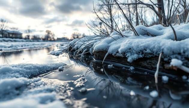 Frozen puddle. The puddle gets covered with snow during the first snowfall