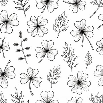 Botanical pattern with lucky clover and delicate foliage, sketched floral seamless design