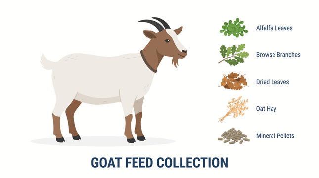 Very beautiful realistic flat vector illustration of a healthy goat standing beside separate alfalfa leaves, browse branches, dried leaves, oat hay and mineral pellets, GOAT FEED COLLECTION, centered 