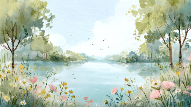 Soft watercolor illustration of a calm lake framed by leafy trees and colorful wildflowers, with distant blue hills, birds, and wide white sky.