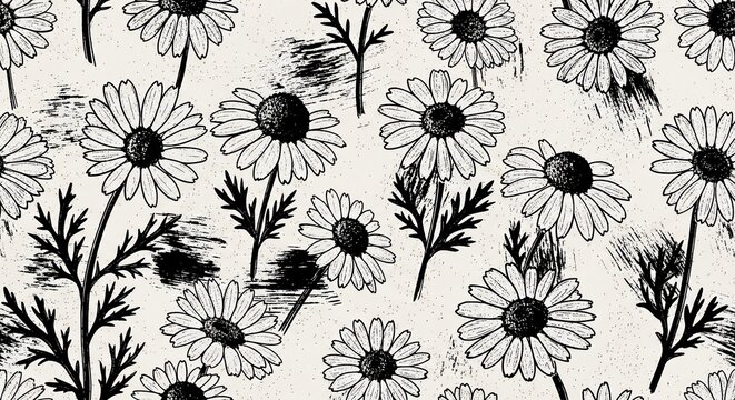 Hand-drawn daisy floral pattern, sketched white flowers, botanical texture, rustic art, simple botanical design.