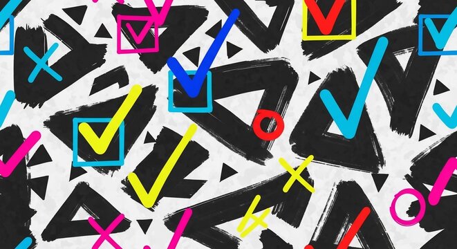 Abstract Geometric Pattern with Colorful Checkmarks and X's, Digital Art, Vibrant Design