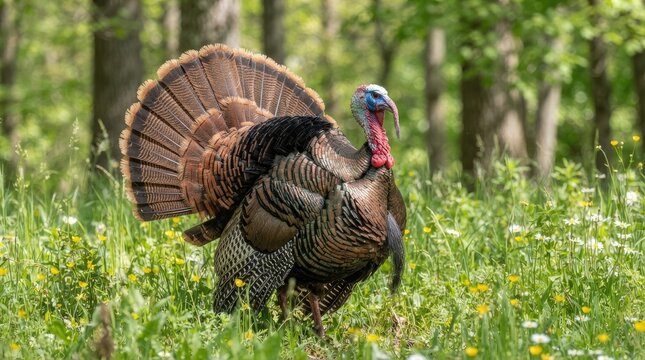 Wild turkey displaying magnificent colorful tail feathers while strutting proudly through a lush green spring forest meadow