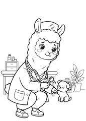 Fototapeta premium coloring page book adorable alpaca veterinarian caring for a small puppy, gentle animal doctor giving a checkup in a cozy pet clinic
