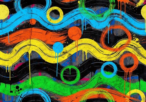 Vibrant Abstract Waves and Circles, Energetic Graffiti Art Background