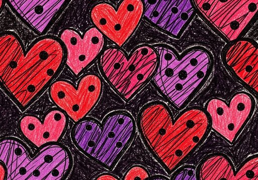 Hand-drawn textured heart pattern, red, pink, purple, black dots, scribbled background, graphic design, celebration, affection, love