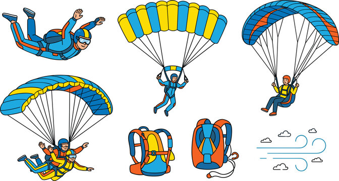 Skydiving and Parachuting Vector Set with Skydivers Tandem Jump Paraglider Backpacks and Extreme Air Sports Graphic Designs