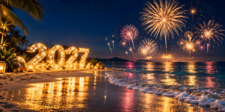Photorealistic New Year 2027 beach celebration with glowing numbers, spectacular fireworks, ocean reflections and elegant tropical night atmosphere. Panoramic festive travel background.