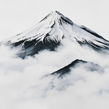 雪山と雲海が広がる美しい墨絵の風景