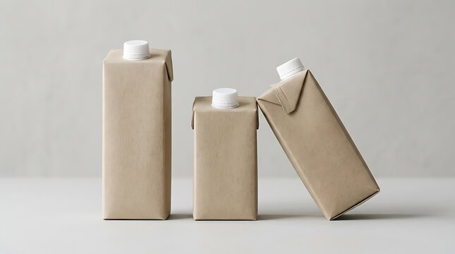 Three brown paper juice or milk cartons with white caps standing in a row. juice box mockup 