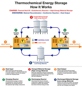 Thermochemical energy storage TCES how it works flat 2d infographic with step by step reversible reaction process. Vector illustration.