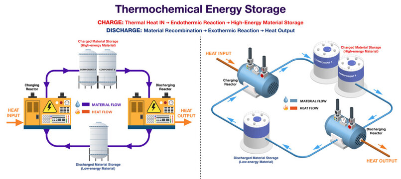 Thermochemical energy storage TCES infographic with 2d flat scheme and 3d isometric reversible reaction. Vector illustration.