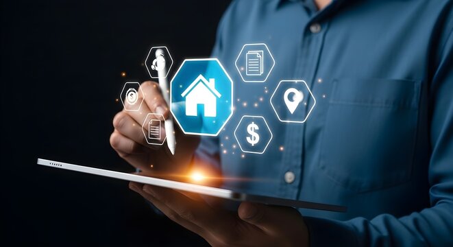 Smart Real Estate Management with man using stylus on tablet featuring glowing digital property icons, ideal for real estate marketing and property investment apps.