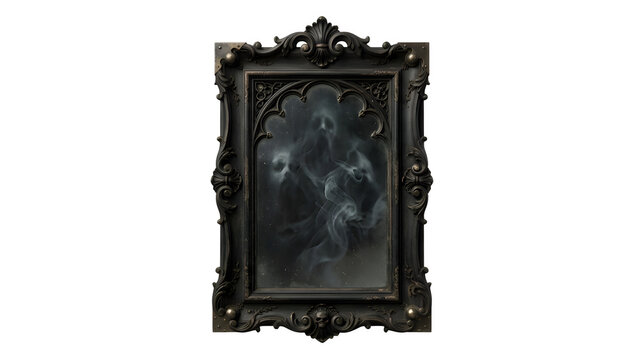 Vintage ornate gothic black mirror frame containing misty ghost faces and smoke, isolated on a black background for Halloween and dark fantasy designs.