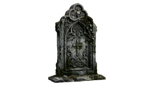 Old stone gravestone with cross and skull relief isolated on a black background, suitable for cemetery and Halloween graphic elements.