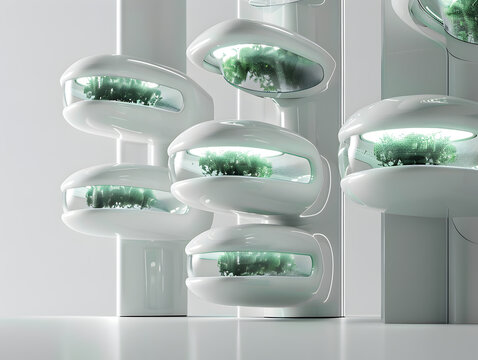 Bright futuristic atrium with minimalist architecture and integrated organic gardens, sustainable corporate building design, 3d render